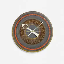 Meridian wall clock, model 4108 by Howard Miller Clock Co. and Bitossi, c. 1965, glazed stoneware, enameled aluminum, brass, sold Feb 2026