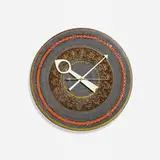 Howard Miller Clock Co. and Bitossi, Meridian wall clock, model 4108, c. 1965, glazed stoneware, enameled aluminum, brass