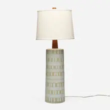 Gordon and Jane Martz, Table lamp, c. 1955, glazed stoneware, teak, brass, linen shade