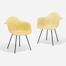 DAX chairs, pair by Charles and Ray Eames, 1950, molded fiberglass with rope edge, enameled steel, rubber, sold Feb 2026