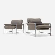 Lounge chairs, pair by Harvey Probber, c. 1965, aluminum, buffalo hyde upholstery, sold Feb 2026