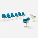 Eero Saarinen, Tulip chairs model 150 and 151, set of eight, lacquered fiberglass, enameled aluminum, Alexander Girard Hopsack upholstery