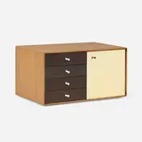 Miniature cabinet, model 5211 by George Nelson & Associates, 1952, rosewood, lacquered wood, porcelain, sold Feb 2026