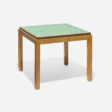 Occasional table, model 5204 by Edward Wormley, 1952, Murano glass tiles, bleached mahogany, brass, sold Feb 2026