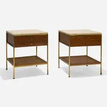 Paul McCobb, Nightstands model 8714, pair, c. 1955, travertine, brass, walnut, cane
