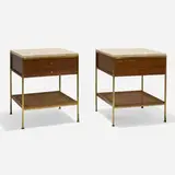 Paul McCobb, Nightstands model 8714, pair, c. 1955, travertine, brass, walnut, cane