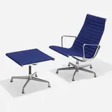 Charles and Ray Eames, Aluminum Group armchair and ottoman, cast and polished aluminum, upholstery, enameled steel, plastic