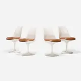 Eero Saarinen, Tulip chairs model 151, set of four, lacquered fiberglass, enameled aluminum, leather upholstery