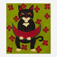 David Tinsley, Blackcat with Watermelon, oil and tar on wood in artist's frame