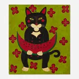 David Tinsley, Blackcat with Watermelon, oil and tar on wood in artist's frame