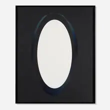 MELBKIN 5 (Medium Ellipset on black Arches with insert) by Larry Bell, 1984, aluminum and silicon monoxide on black Arches, sold Feb 2026