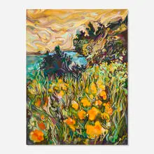 Maria Calandra, Poppies over Muir Beach, 2023, oil on canvas laid to panel