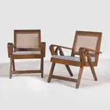 'Pair of 'PJ-010705 Compass’ teak and cane lounge armchairs by Pierre Jeanneret, c.1956, sold Oct 2025