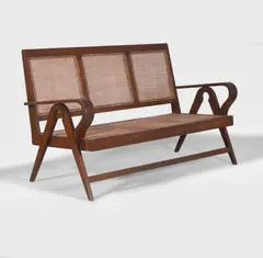 Pierre Jeanneret, 'Model 'PJ-010705 Compass’ three-seater lounge sofa, c.1956, teak and cane with hand-braided canework to the seat bottom and backrest