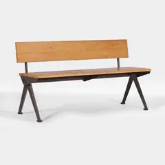 Limited edition 'Banc Marcoule' bench by Jean Prouvé, 1955, the rectangular oak back and seat supported on a painted steel frame in dark grey, sold Oct 2025