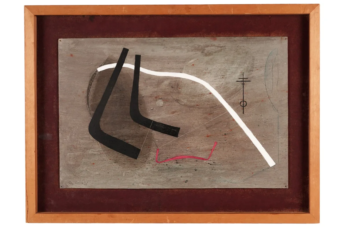 John Tunnard, Composition, acrylic, gouache, and ball point pen on board mounted on masonite