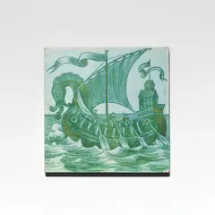 William De Morgan, 'Fantastical boat', tile, circa 1880, Glazed earthenware, decorated in green lustre with a dragon prowed galleon