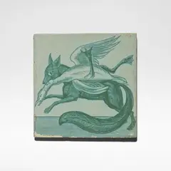 William De Morgan, 'Fox stealing goose', tile, circa 1880, Glazed stoneware, decorated in green lustre with a fox and goose