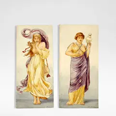 John McLennan, Two painted tiles, circa 1890, Glazed and painted earthenware, each decorated with a Classical maiden