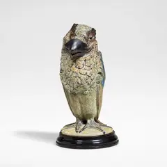 'Wally Bird' tobacco jar and cover by Martin Brothers, 1897, Stoneware, salt-glazed in tones of green, brown, and blue, sold Jun 2025