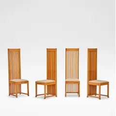 Frank Lloyd Wright, for Cassina, circa 1986, Cherry wood, of high backed construction, the slatted backrests over seats upholstered in beige fabric, raised on square supports