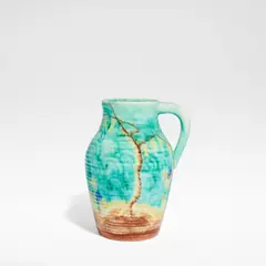 'Inspiration Bruna', Lotus jug by Clarice Cliff, circa 1930, Glazed earthenware, hand painted with a stylised tree landscape over mottled turquoise ground, sold Jun 2025