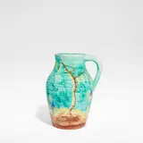 Clarice Cliff, 'Inspiration Bruna', Lotus jug, circa 1930, Glazed earthenware, hand painted with a stylised tree landscape over mottled turquoise ground