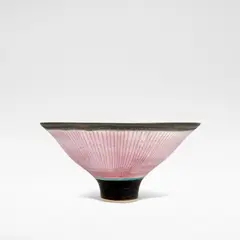 Lucie Rie, Footed bowl, circa 1980, Porcelain, inlaid pink radiating lines with turquoise and manganese bands