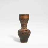 'Byzantine' vase by Lucie Rie, circa 1975, Porcelain, golden manganese glaze with sgraffito bands to the shoulder, interior of rim and underside, offered Jun 2025