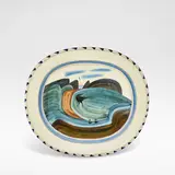 James Campbell, Oval charger, Terracotta, glazed in tones of cream, brown, blue and black
