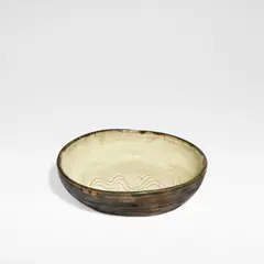 Bernard Leach, Oval dish, Stoneware, rich tenmoku and iron glazes to exterior, pale cream ash glaze to interior