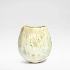 Squared pot by John Ward, Stoneware, mottled cream, green and brown matt glazes over a lightly textured body, sold Jun 2025