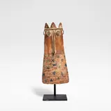 John Maltby, 'Ancient King', sculpture, Glazed and painted stoneware, modelled as a crowned face,  the lower half with incised decoration, raised on a wrought iron base