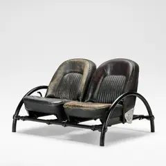 'Rover 2-Seater', designed 1981, produced 1980s by Ron Arad, Painted tubular steel, cast iron Kee-Klamps, leather Rover car seats, sold Jun 2025