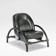 'Rover' chair, designed 1981, produced mid-1980s by Ron Arad, Painted tubular steel, cast iron Kee-Klamps, leather Rover car seat, sold Jun 2025