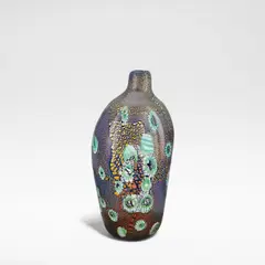 Aldo Nason, 'Yokohama', vase, circa 1968, Blue cased glass, decorated murrine and gilt foil inclusions, the pinched sides rising to a round shoulder and a cylindrical neck