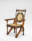 Carlo Bugatti, Armchair, circa 1898, Walnut, ebonized wood, repoussé copper, brass, pewter, painted parchment, silk cord