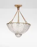 René Lalique, 'Feuilles de Charme' ceiling light, designed 1921, Clear glass, frosted and polished, sepia glass ceiling rose, metal, cord, light fittings