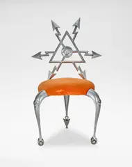 'Arrowback' chair by Mark Brazier-Jones, 1988, Aluminium, fabric upholstery, sold Oct 2024