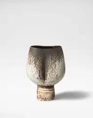 Hans Coper, Pot on cylindrical foot with vertical impression, circa 1966, Stoneware, layered white porcelain slips and engobes over a body with textured and incised, interior with manganese glaze