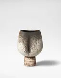 Hans Coper, Pot on cylindrical foot with vertical impression, circa 1966, Stoneware, layered white porcelain slips and engobes over a body with textured and incised, interior with manganese glaze