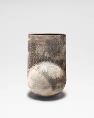 Hans Coper, Ovoid form with flattened cylinder, circa 1967, Stoneware, porcelain slips and engobes over a textured and incised body, the interior with a manganese glaze