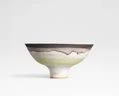 Footed bowl by Lucie Rie, circa 1966, Stoneware, green glaze, bronze running rim, sold Oct 2024