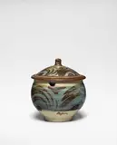 Bernard Leach, Lidded jampot, Stoneware, cream, blue, and brushed iron glazes