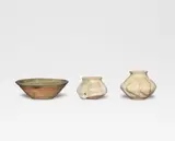 Katherine Pleydell-Bouverie, Two small vases and a small bowl, Bowl: Stoneware, pale green speckled glaze, incised design to unglazed sides, 3 cm high, 9