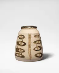 Kenneth Quick, Vase, circa 1955-60, Stoneware, speckled cream glaze, iron rim and brushed iron design