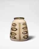 Kenneth Quick, Vase, circa 1955-60, Stoneware, speckled cream glaze, iron rim and brushed iron design
