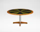 Alan Peters, Occasional pedestal table, 1978, English Yew, leather, aluminium
