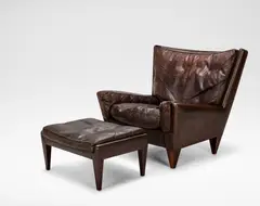 Illum Wikkelso, V11 chair and ottoman, produced 1950s, Leather, Indian rosewood