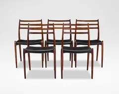 Niels Otto Møller, Set of five dining chairs, model no. 78, designed 1962, Indian rosewood, leather